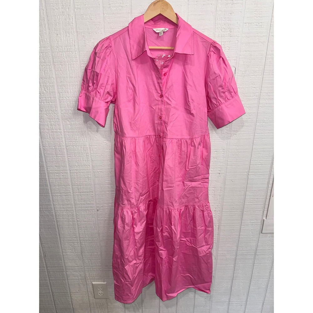 Crown & Ivy Shirtdress Women Pink Sky Tiered Puff Sleeve Midi Medium NWT